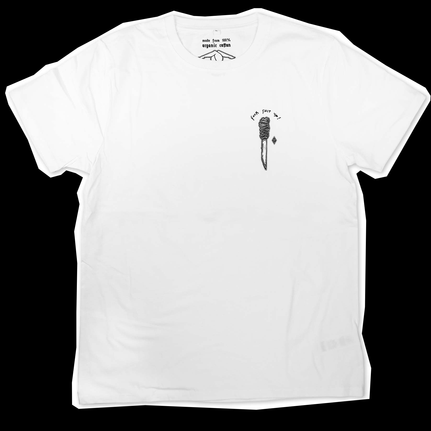 White t-shirt with a black illustration of a shiv, screen-printed on the left side chest with the text "fuck shit up"