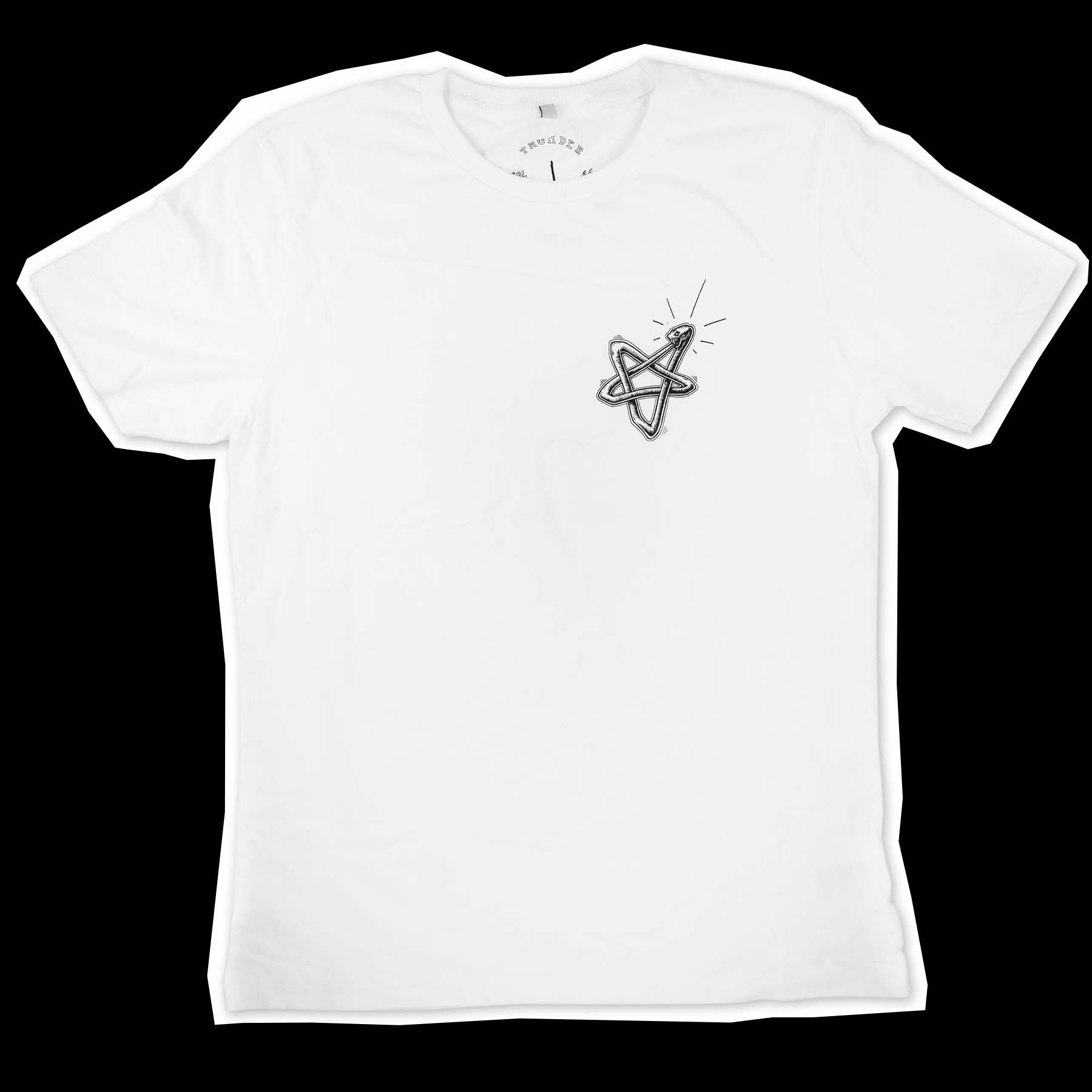 White t-shirt with a black illustration of a pentagram made from a snake , screen-printed on the left side chest
