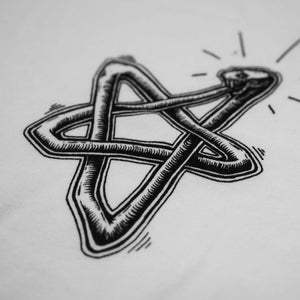 Close up of the black snake pentagram illustration with very detailed lines, screen-printed on a white t-shirt