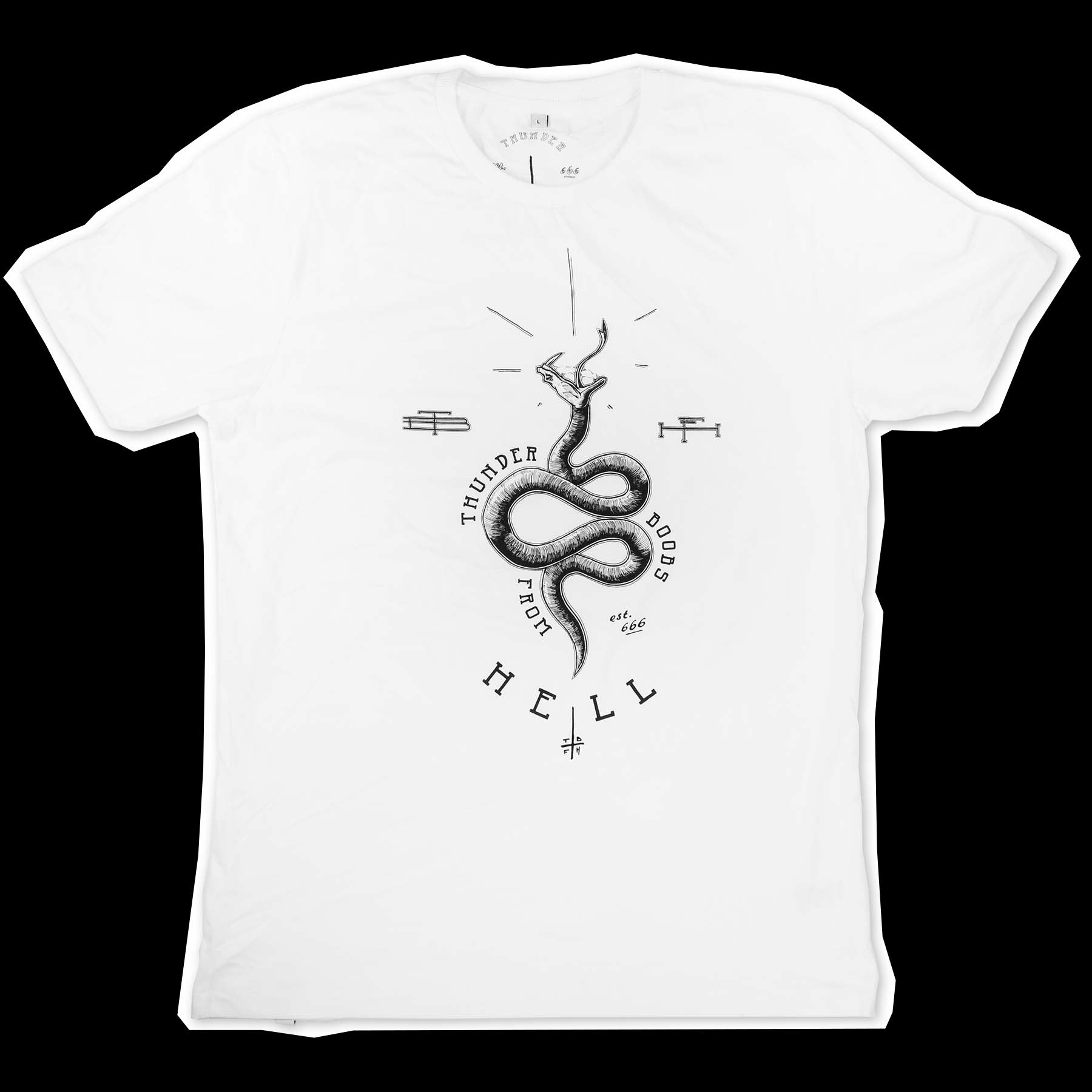 White t-shirt with a black illustration of a snake , screen-printed on the left side chest. The text says "thunder boobs from hell and est. 666"