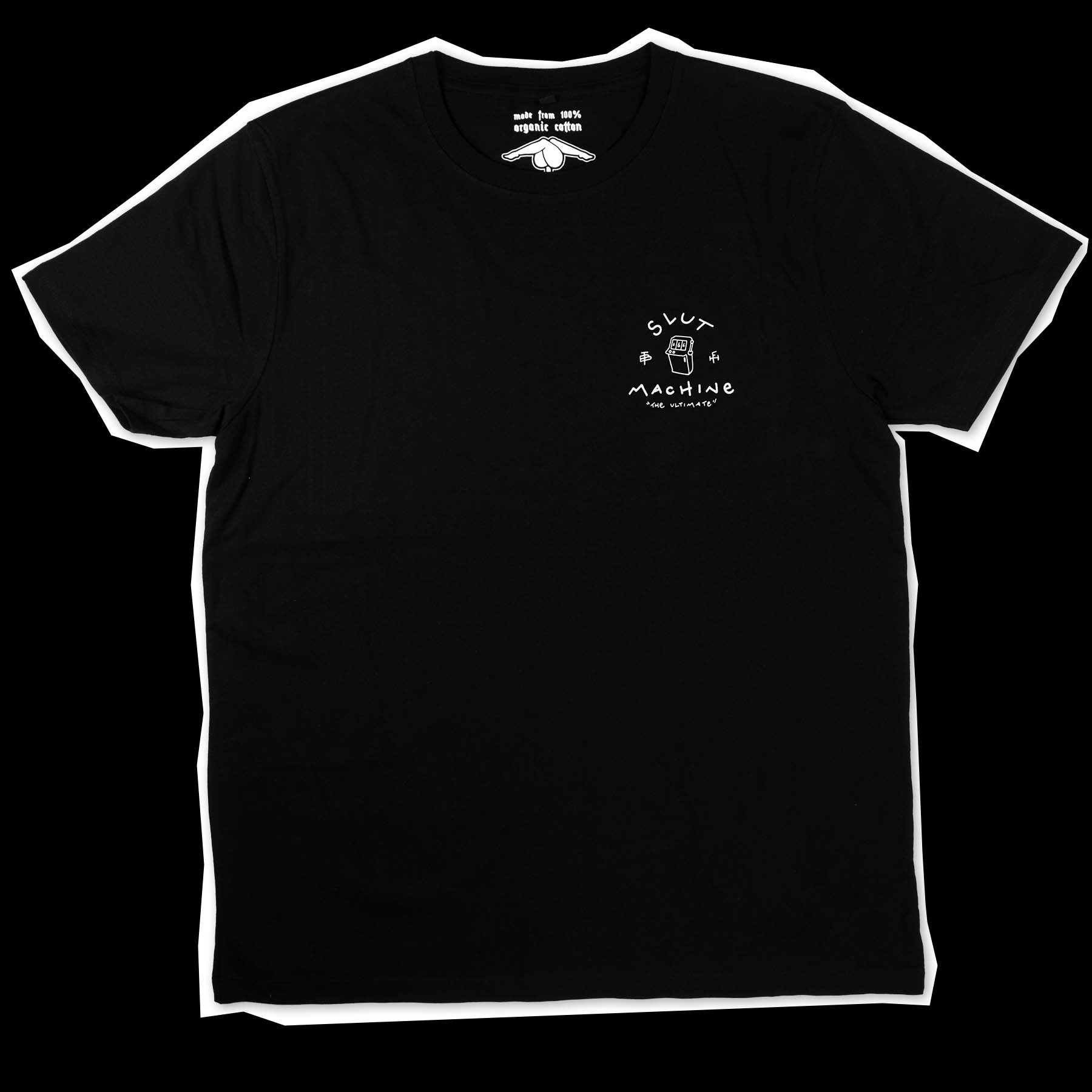Black t-shirt with a slot machine and a white text screen-printed which says "slut machine" and "the ultimate" on the left chest